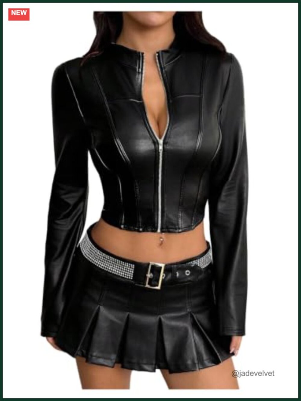 Faux Leather Cropped Moto Jacket Zip Up Long Sleeve Biker Style